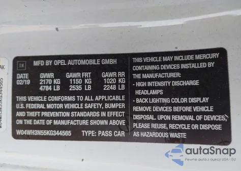 2019 Buick Cascada Premium z USA, uszkodzony, nr VIN W04WH3N55KG344565